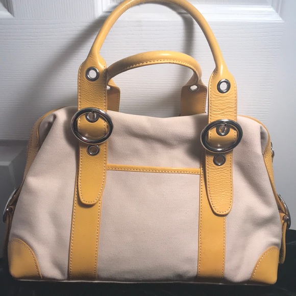 PRESTON & YORK CANVAS AND YELLOW LEATHER SATCHEL - Picture 2 of 8